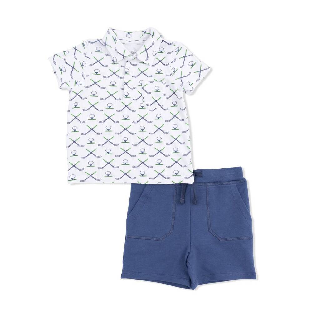 NEW ANGEL DEAR kids simple golf ribbed polo with everyday short set in blue